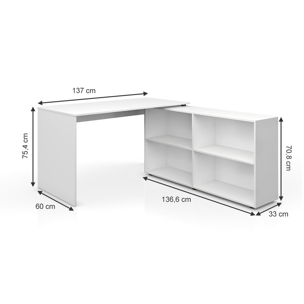 ECKSCHREIBTISCH FlexPlus Weiß 137 x 60 cm - Weiß, Holzwerkstoff (60/137/75.4cm) - Vicco