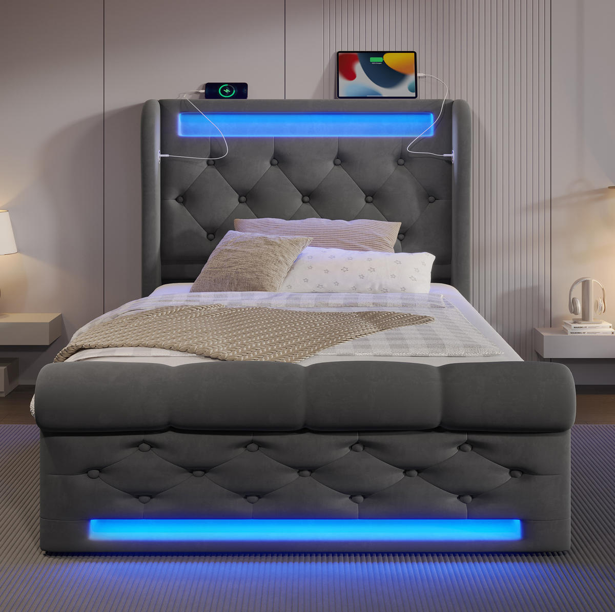 POLSTERBETT mit LED und Stauraum 90x200 cm Samt Grau inkl. Matratze - Grau, Metall (90/200cm) - Meubliv