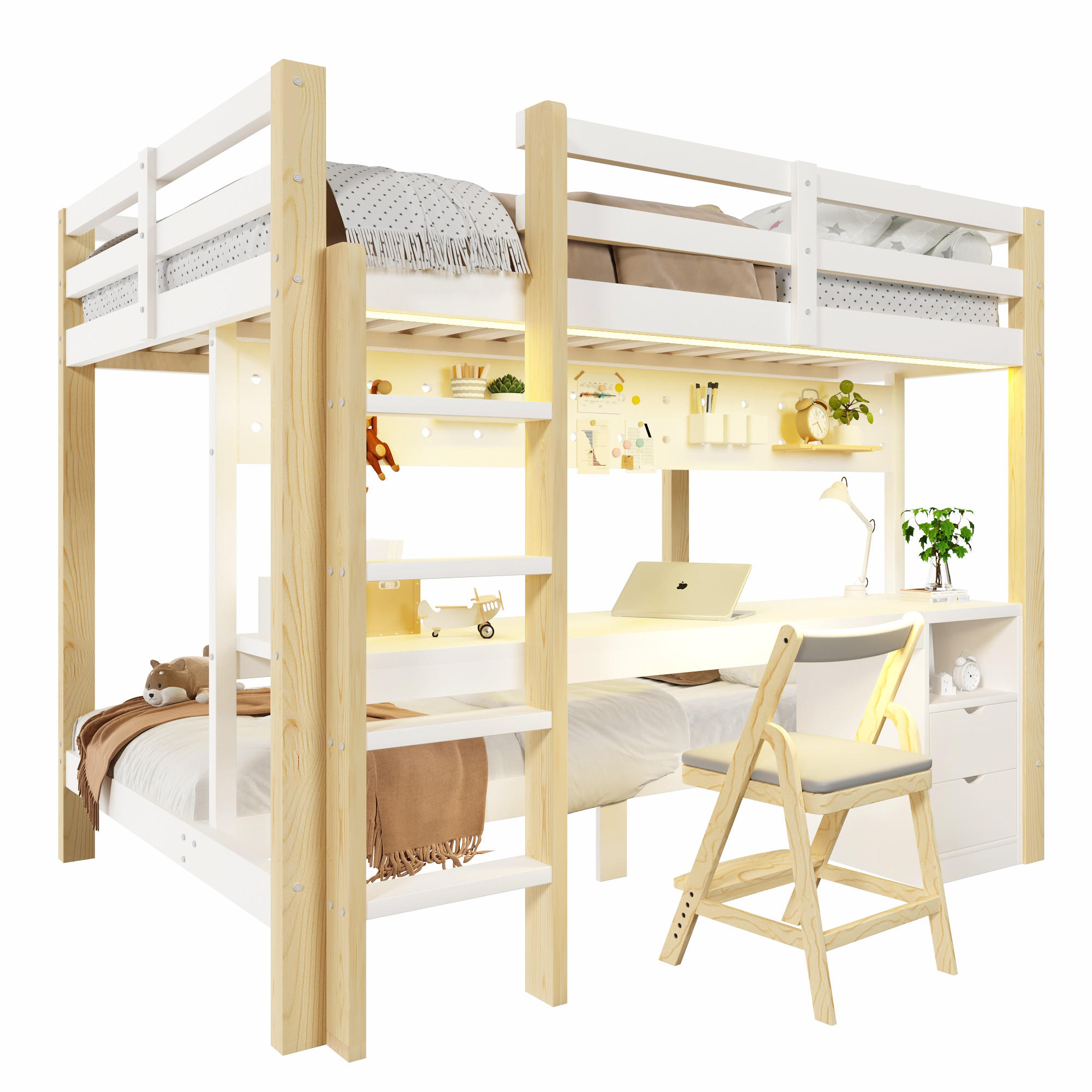 HOCHBETT 90/200 cm & 140/200 cm in Natur/Weiß mit Schubladen, Schreibtisch, Lochplatte und LED - Weiß/Naturfarben, Holz/Holzwerkstoff (140/200cm) - CHICFURN