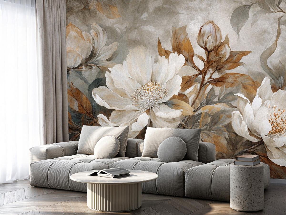 FOTOTAPETE für Wohnzimmer Blätter Abstrakte Blüten Pflanzen Retro 500x350 - Grau, Papier (500/350cm) - Muralo