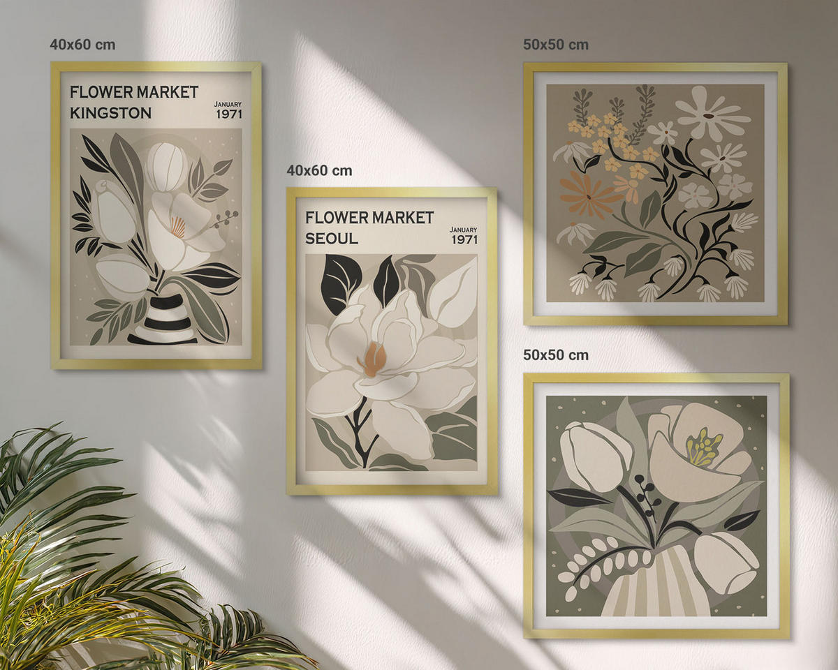 WANDBILDER 4er Set - 50x50 cm & 40x60 cm Goldrahmen - Kingston Seoul Retro-Blumen - Goldfarben, Kunststoff (50/50cm) - ArtPrintCave