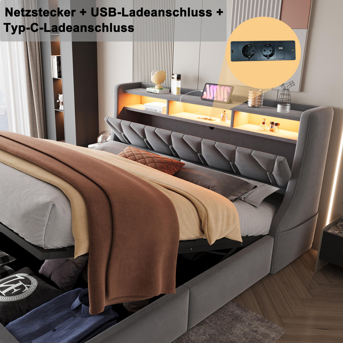 POLSTERBETT 180/200 cm Grau mit Stauraum LED-Beleuchtung und USB- und Type-C-Anschlüssen Samt - Grau, Textil (180/200cm) - OKWISH