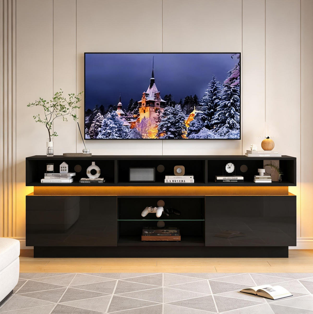 TV-ELEMENT mit LED 160 x 35 x 60 cm MDF Schwarz - Schwarz, Holzwerkstoff (35/60/160cm) - Beauniv
