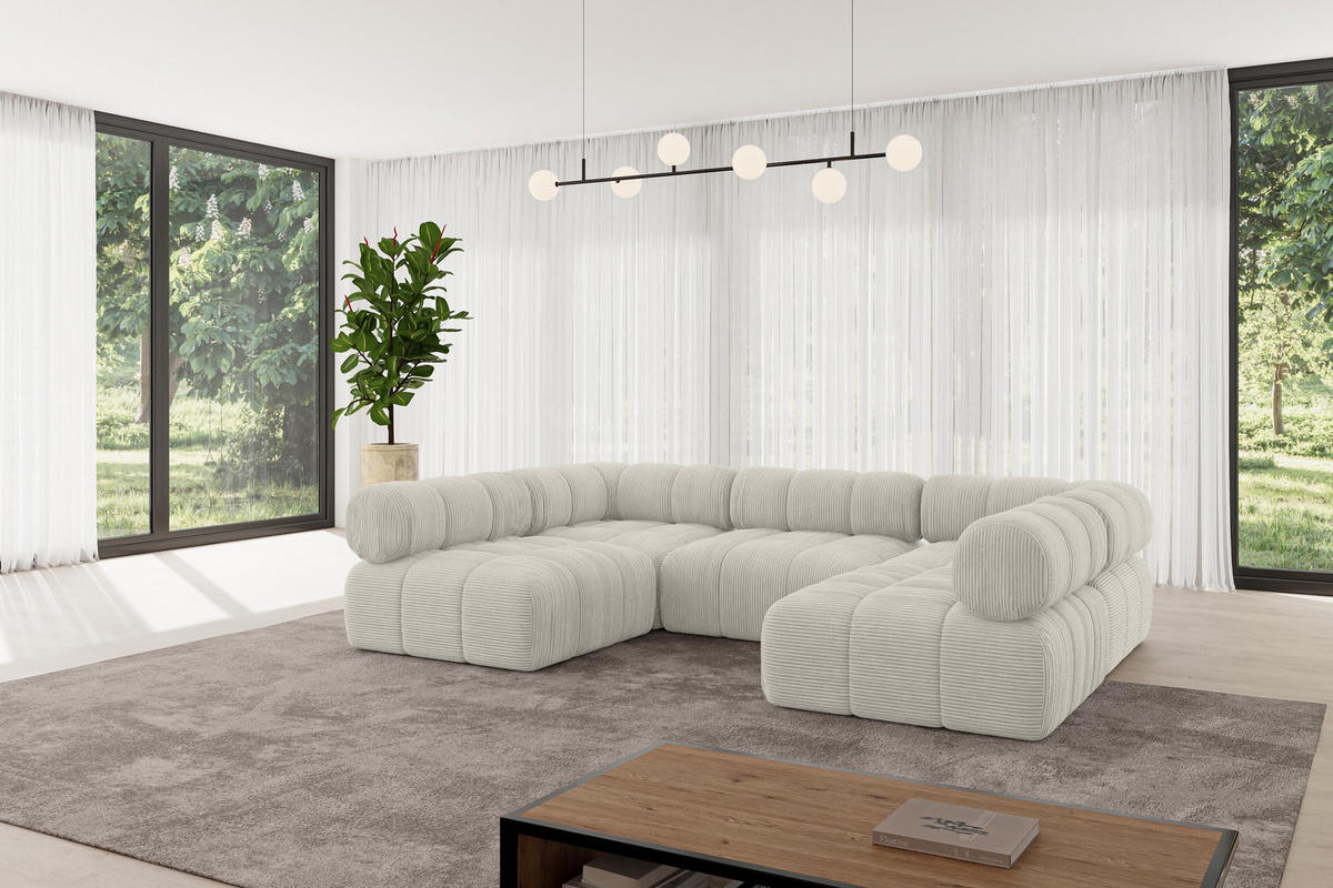WOHNLANDSCHAFT modulares Sofa Garvo-U1 - 285x190x70 cm Creme Cord - Hellgrau/Creme, Holzwerkstoff/Textil (285/70/190cm) - ALTDECOR