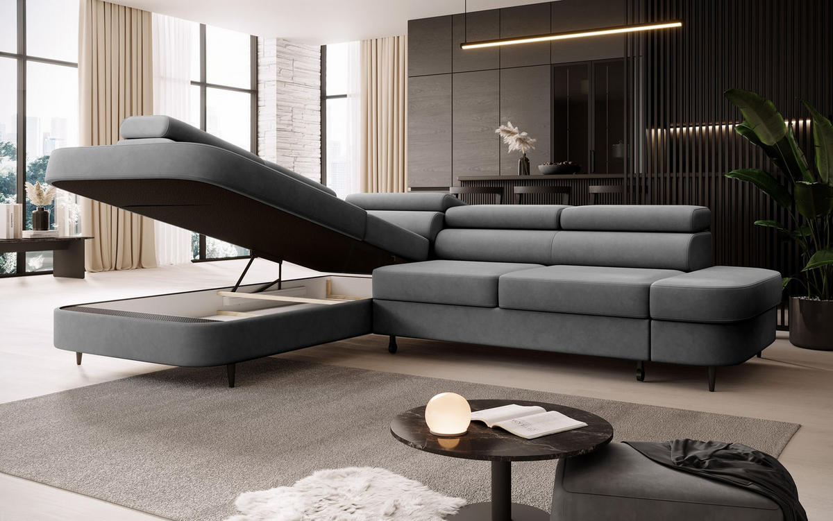 ECKSOFA Priam L-Form mit Schlaffunktion und Stauraum Modern Form Grau - Grau, Holz/Textil (275/203cm) - Muffo