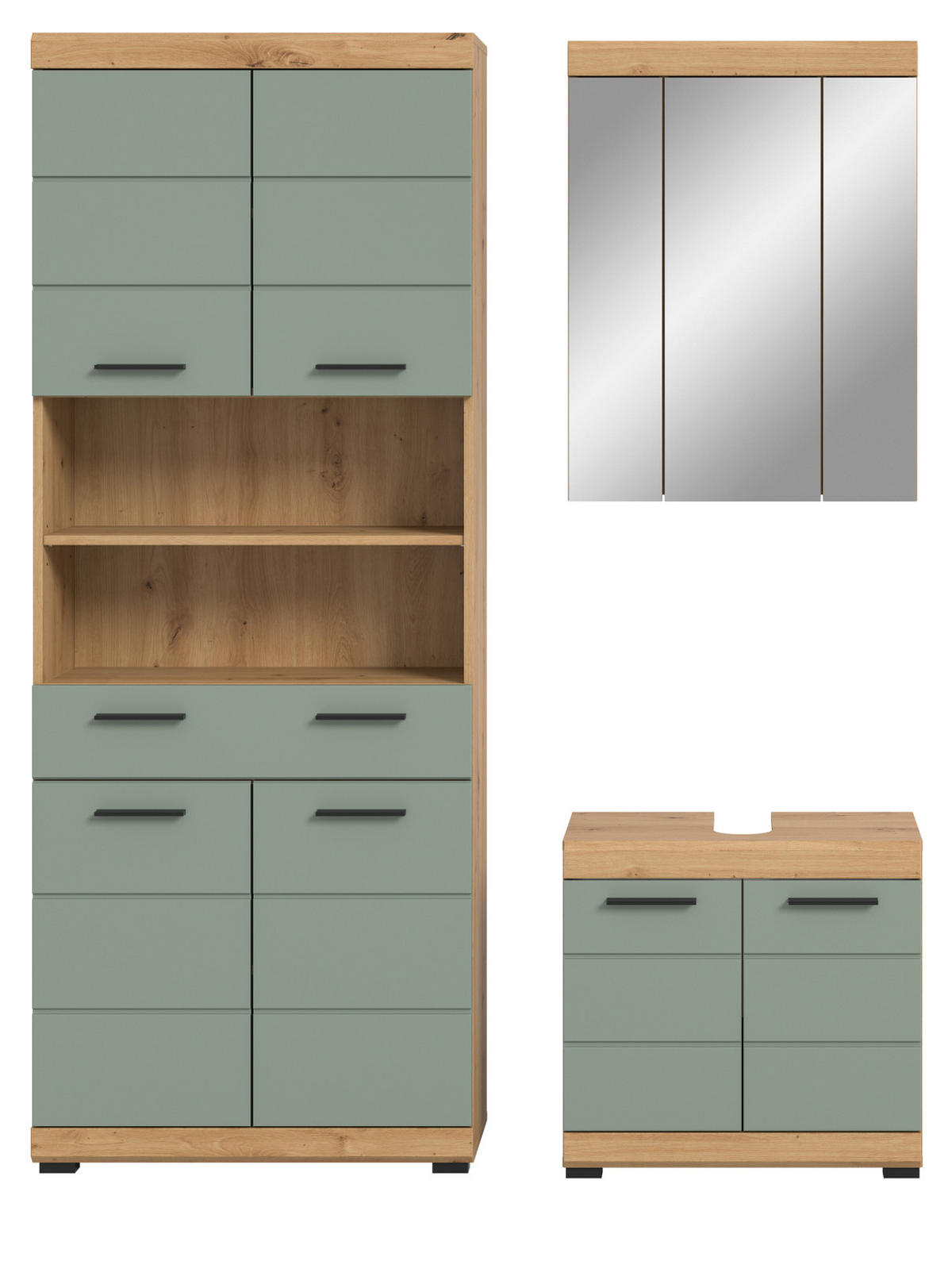 BADMÖBEL-SET Salbei grün, Artisan Eiche 3-teilig 149 cm, Badschränke mit viel Stauraum - Schwarz/Eiche Artisan, Glas/Holzwerkstoff (149/191/34cm) - Inn.Furn