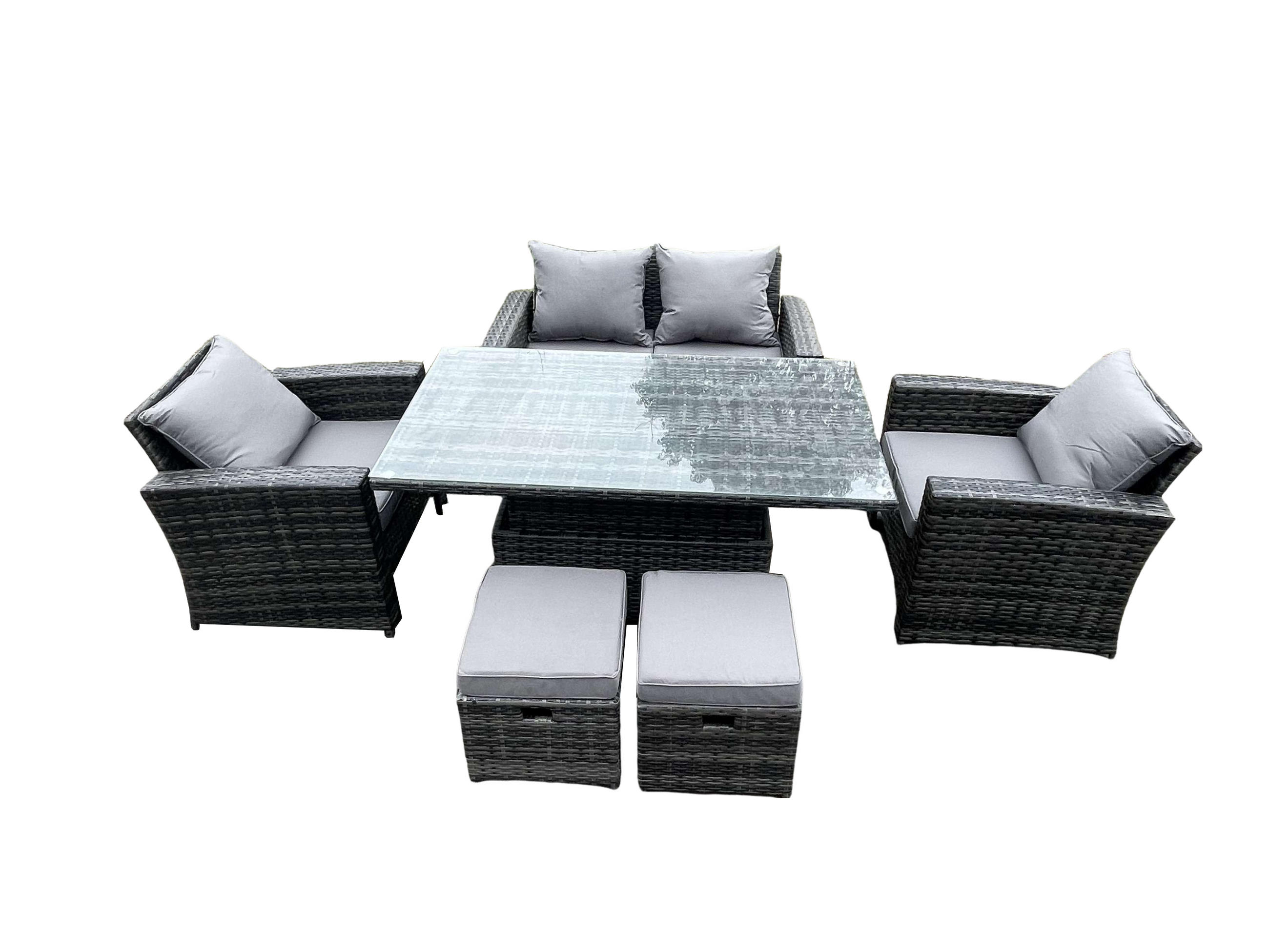GARTENMÖBEL-SET HÖHENVERSTELLBARER ESSTISCH SESSEL SOFA MIT HOCKER Polyrattan Dunkelgrau 6-Sitzer - Dunkelgrau, Metall - Fimous