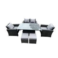 GARTENMÖBEL-SET HÖHENVERSTELLBARER ESSTISCH SESSEL SOFA MIT HOCKER Polyrattan Dunkelgrau 6-Sitzer - Dunkelgrau, Metall - Fimous