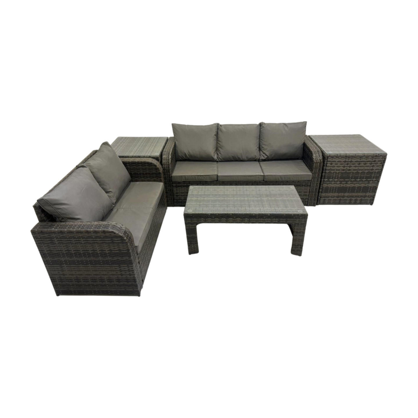 GARTENMÖBEL SET mit Sofa Polyrattan 5-Sitzer Dunkelgrau - Dunkelgrau/Grau, Glas/Kunststoff - Fimous
