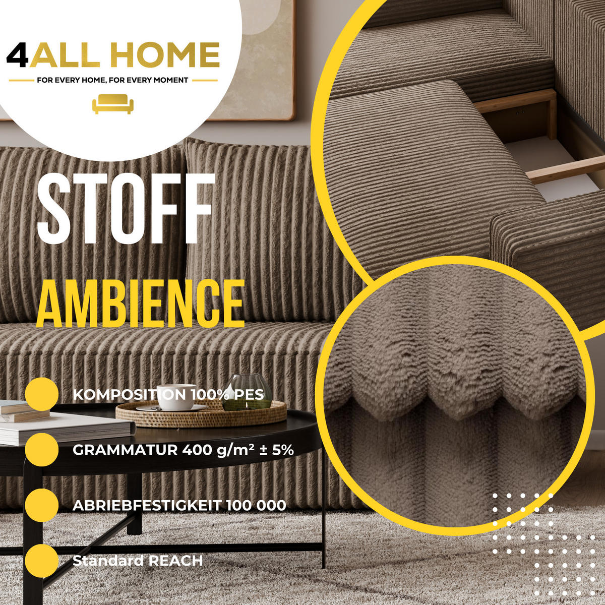 ECKSOFA Tobi mit Bettkasten und Schlaffunktion, L-Form, Cordstoff, Universal - Taupe, Holzwerkstoff (246/145cm) - 4ALL HOME
