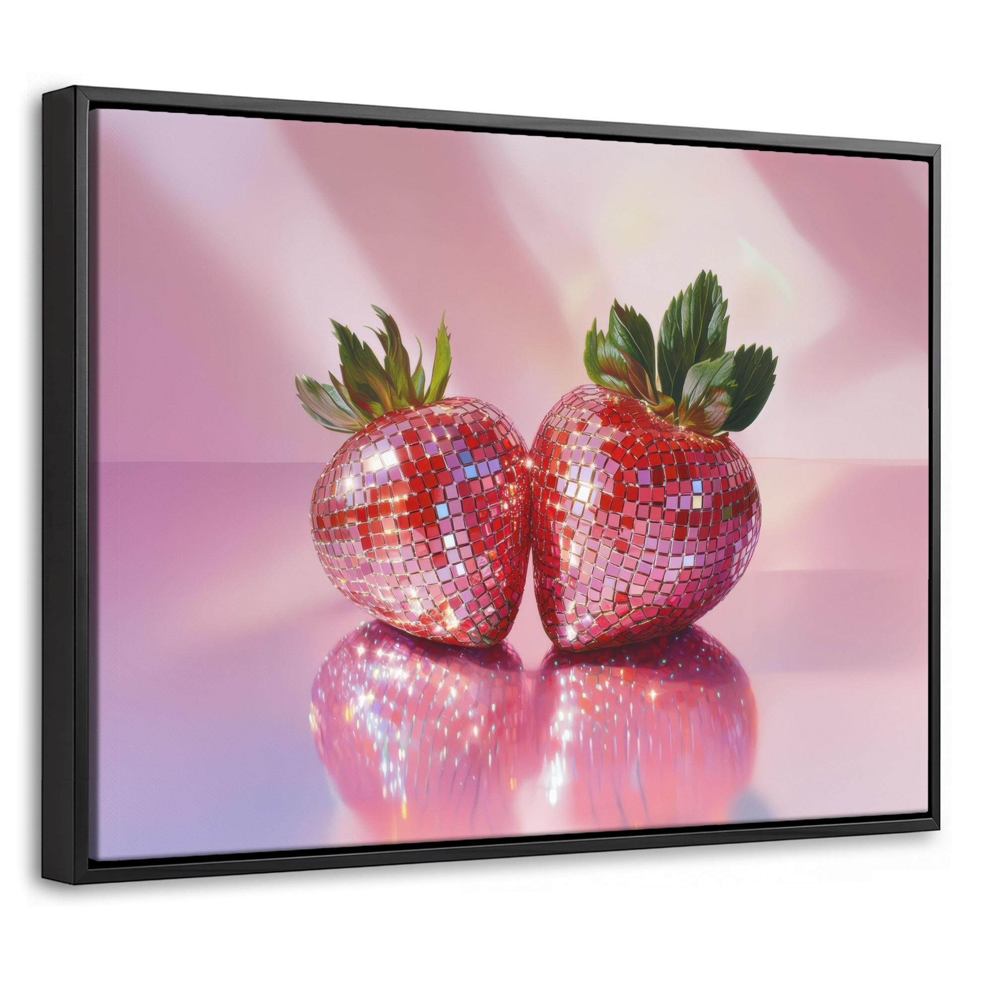 LEINWAND Bilder mit Rahmen - Disco - Obst - Glitzer - Erdbeere - 40x30 - Pink, Textil (40/30cm) - MuchoWow