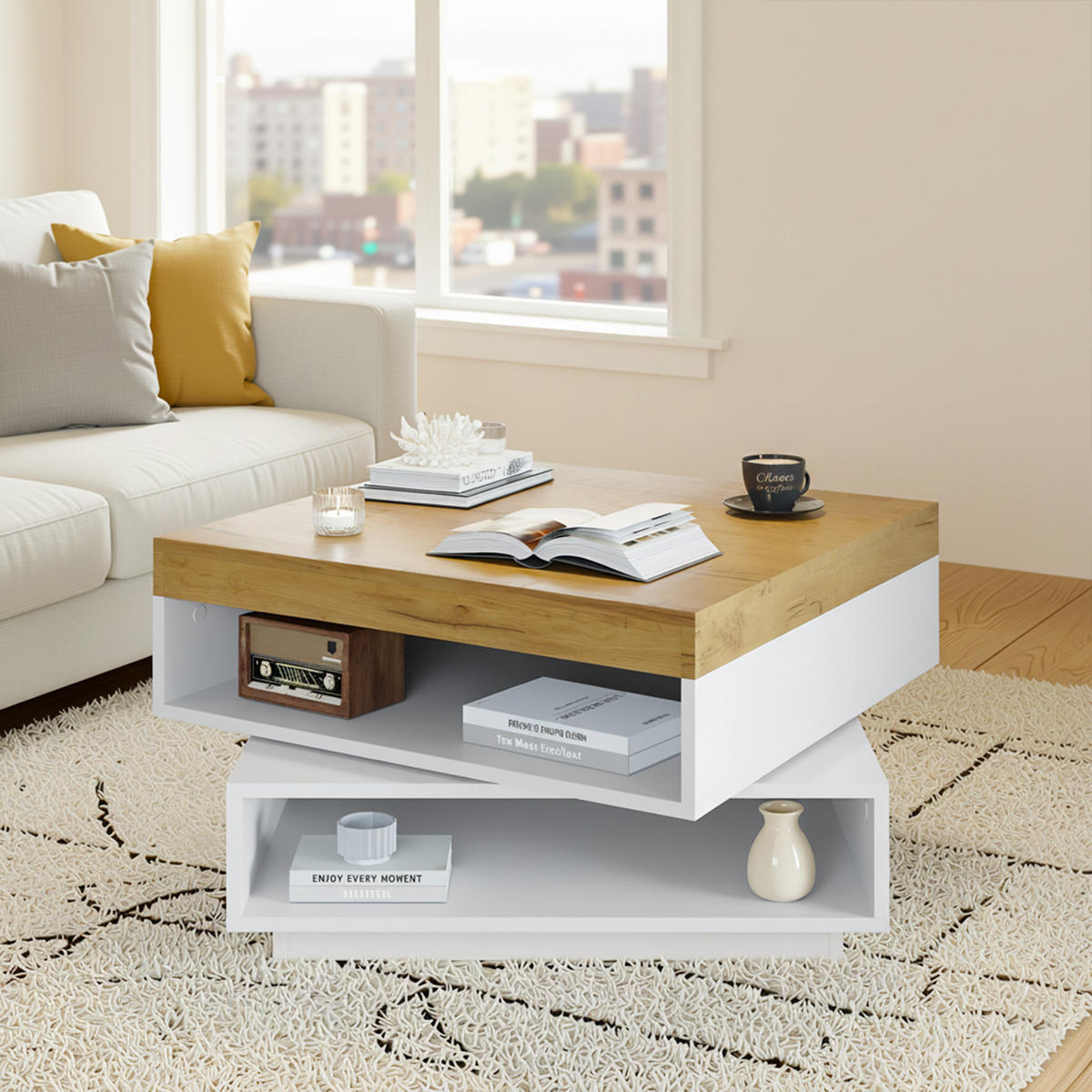 COUCHTISCH weiß & eiche-optik 360° drehbar mit led-beleuchtung - Weiß, Holzwerkstoff (65/65/40cm) - Urban Meuble
