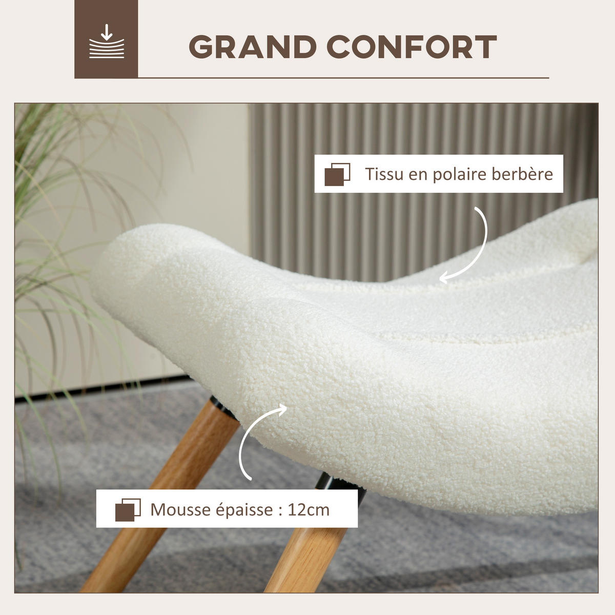 HOCKER DE-16395 mit gebogener Sitzfläche aus Berberfleece Creme - Creme, Holzwerkstoff (45/38/67cm) - ComfortXL