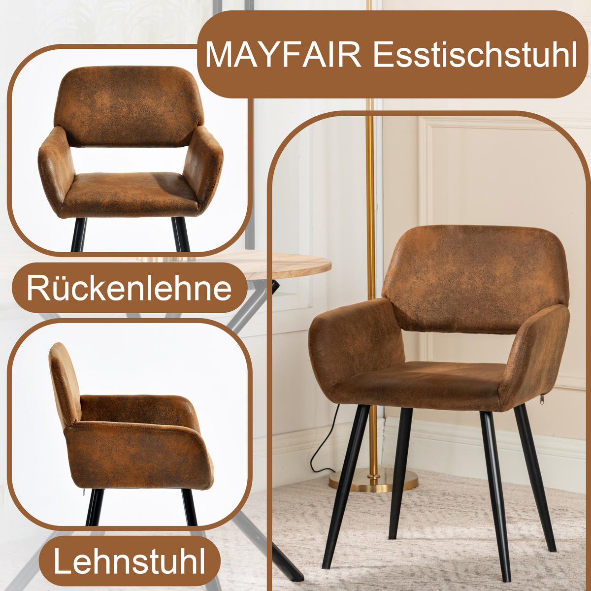 ARMLEHNSTUHL-SET 6 Stück braun - Braun, Holzwerkstoff/Textil (56/76.5/53cm) - Urban Meuble