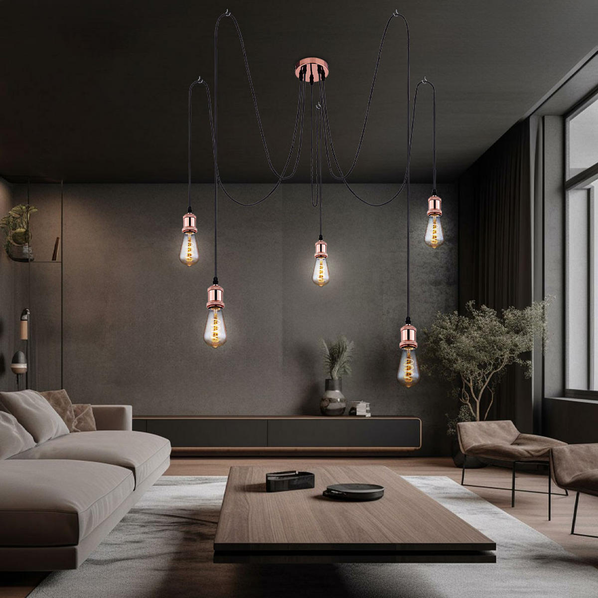 HÄNGELEUCHTE Kupfer Textil Schwarz - Kupferfarben, Metall (11.7/11.7/200cm) - Globo Lighting