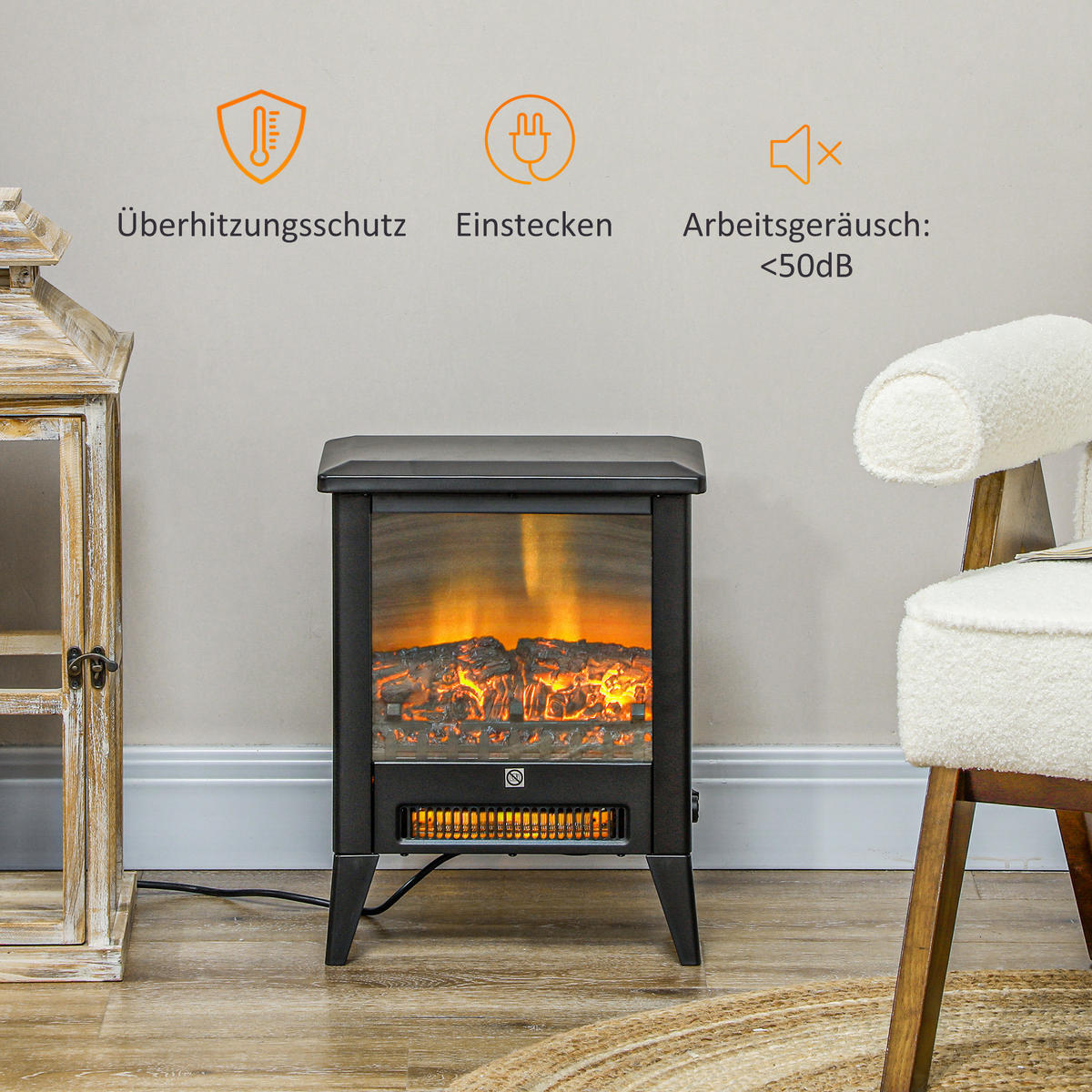 ELEKTROKAMIN 1800 W Elektrischer Kamin mit Heizung, LED-Flammeneffekt, Schwarz - Schwarz, Metall (21/47/36cm) - HOMCOM