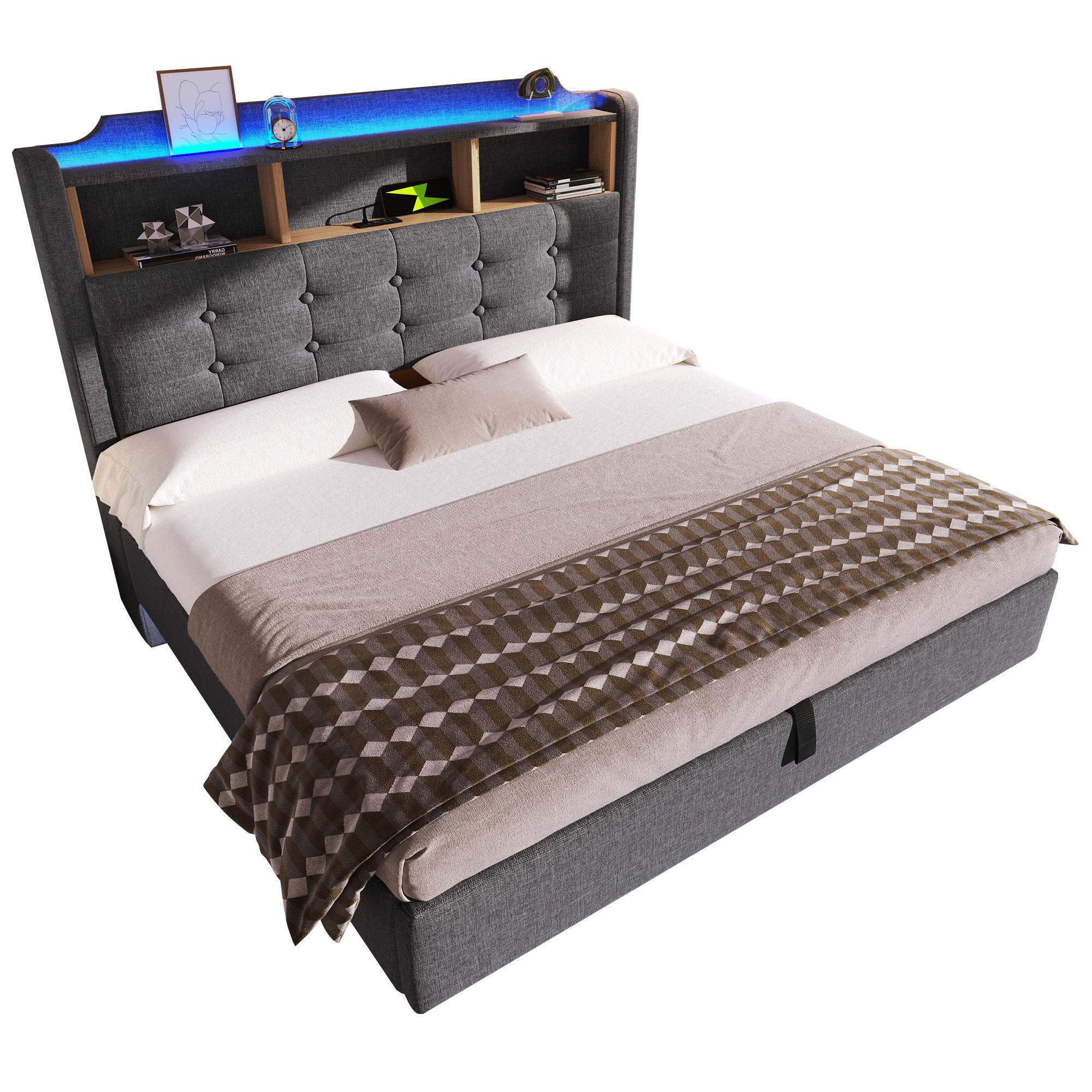 WISHDOR ČALOUNĚNÁ POSTEL 140/200 cm v šedé lněné látce s úložným prostorem, LED osvětlením, USB a Type-C