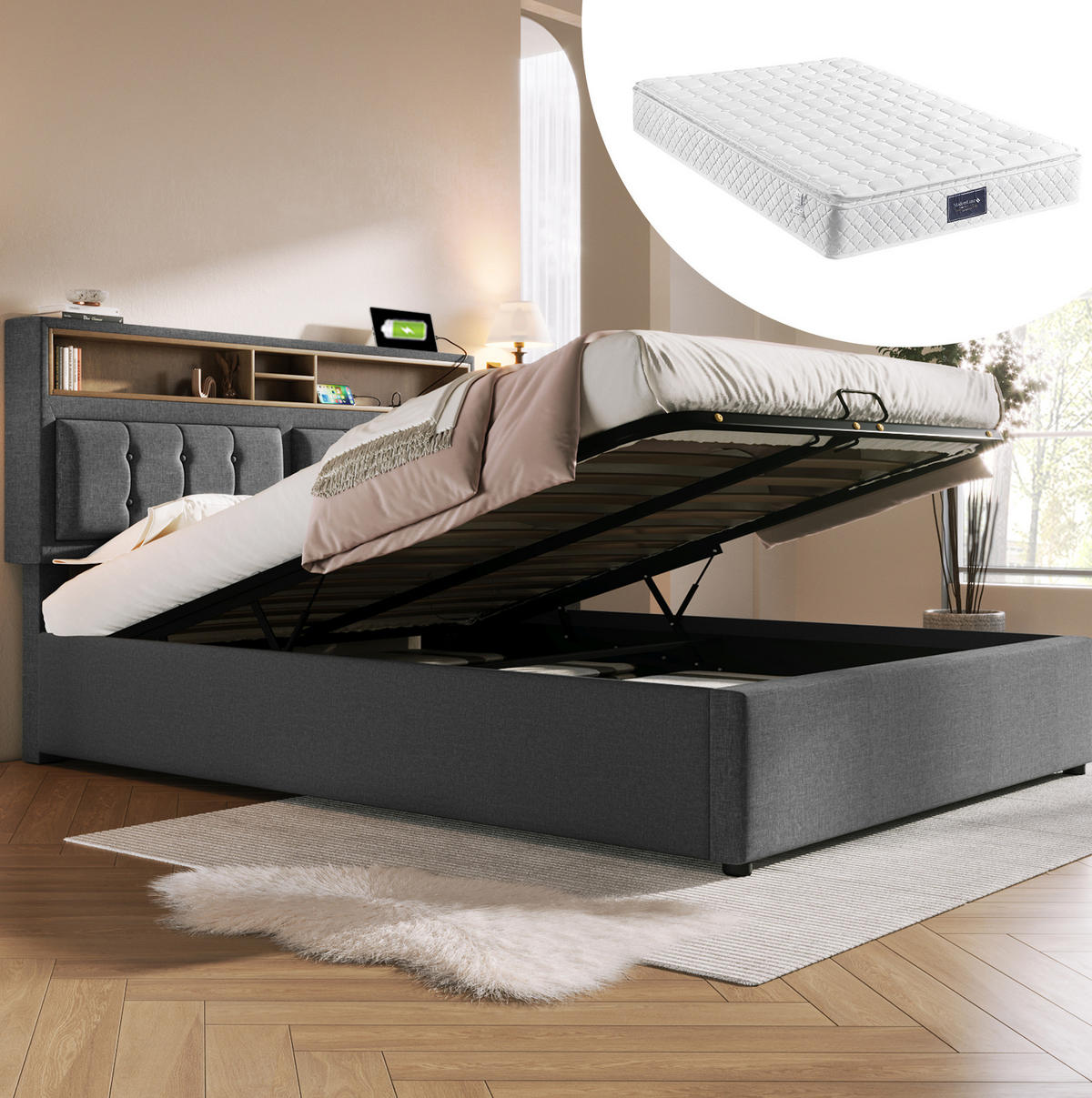 POLSTERBETT mit Stauraum & USB 160x200 cm Leinen Grau inkl. Matratze - Grau, Metall (160/200cm) - Meubliv