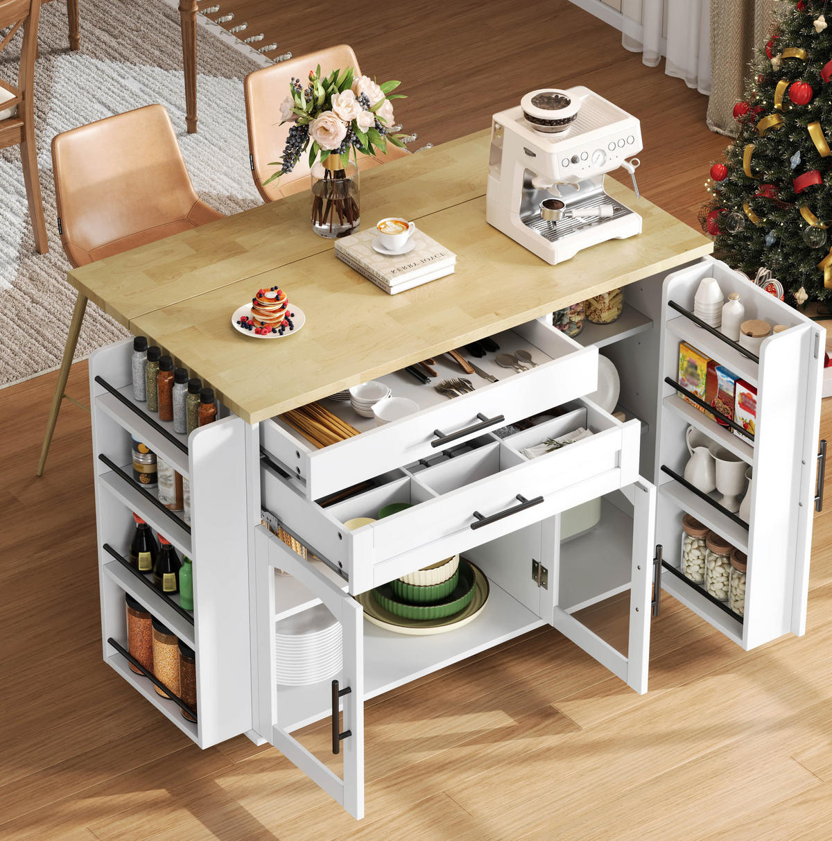 KÜCHENINSEL 120/70/90 cm Natur/Weiß aus MDF mit Klappplatte - Naturfarben, Holzwerkstoff (138/90/70cm) - OKWISH