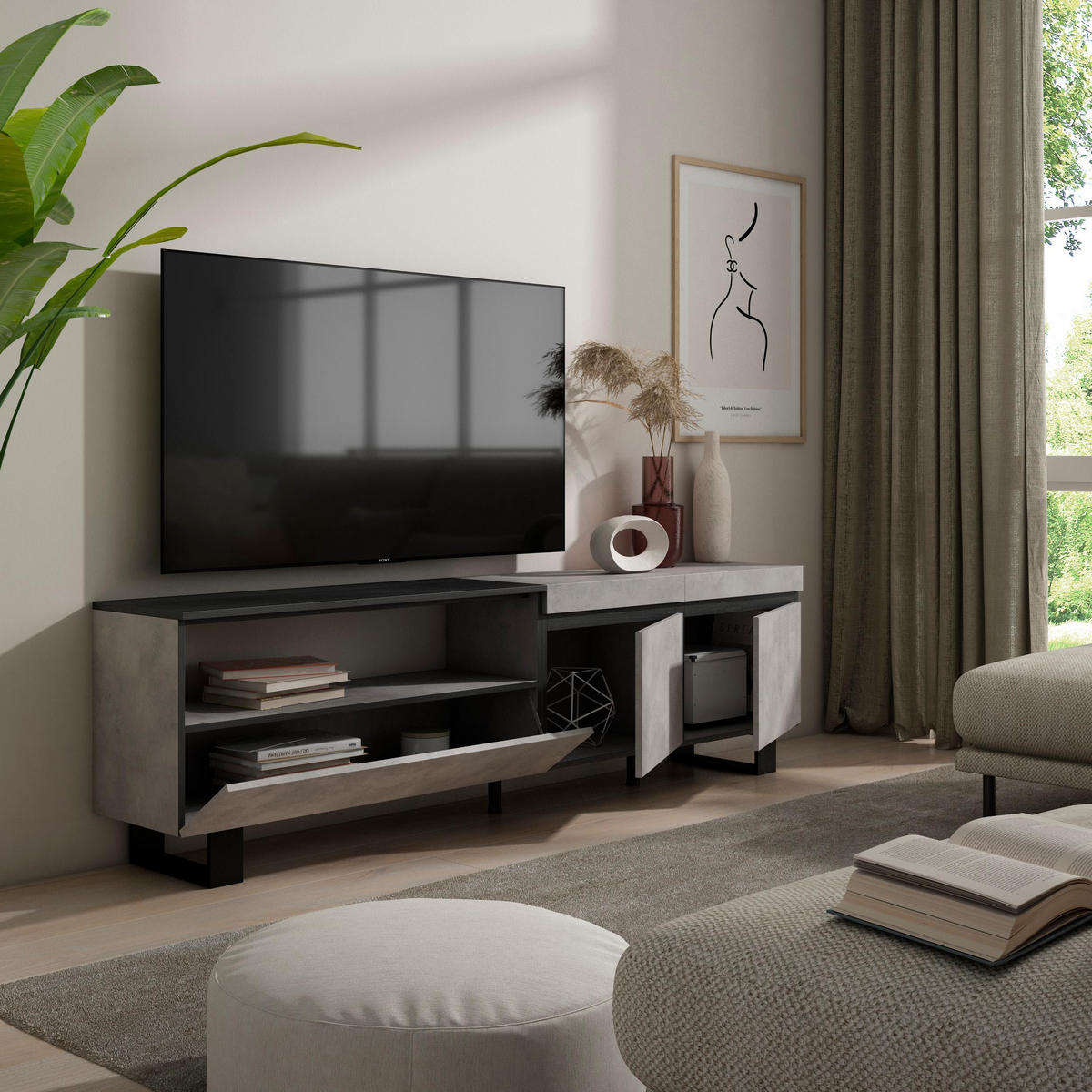 LOWBOARD, zementgrau, 200/35/57cm - Hellgrau, Holzwerkstoff (200/57/35cm) - Skraut Home