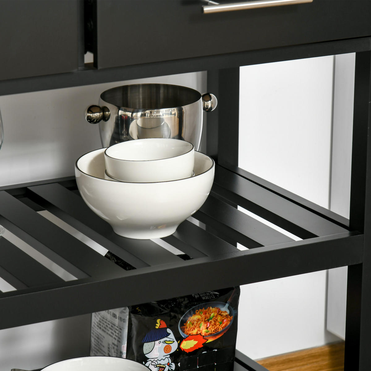 KÜCHENWAGEN DE-17089 2 Etagen & 2 Schubladen Schwarz - Schwarz, Holzwerkstoff (45.6/85/91.4cm) - ComfortXL