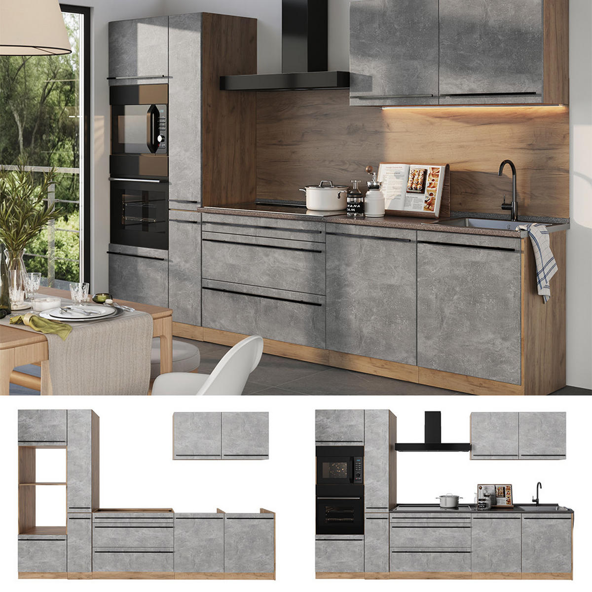 KÜCHENZEILE R-Line, Beton/Goldkraft Eiche, 310 cm Arbeitsplatte Anthrazit - Honigeiche/Grau, Holzwerkstoff (310/206.8/60cm) - Vicco