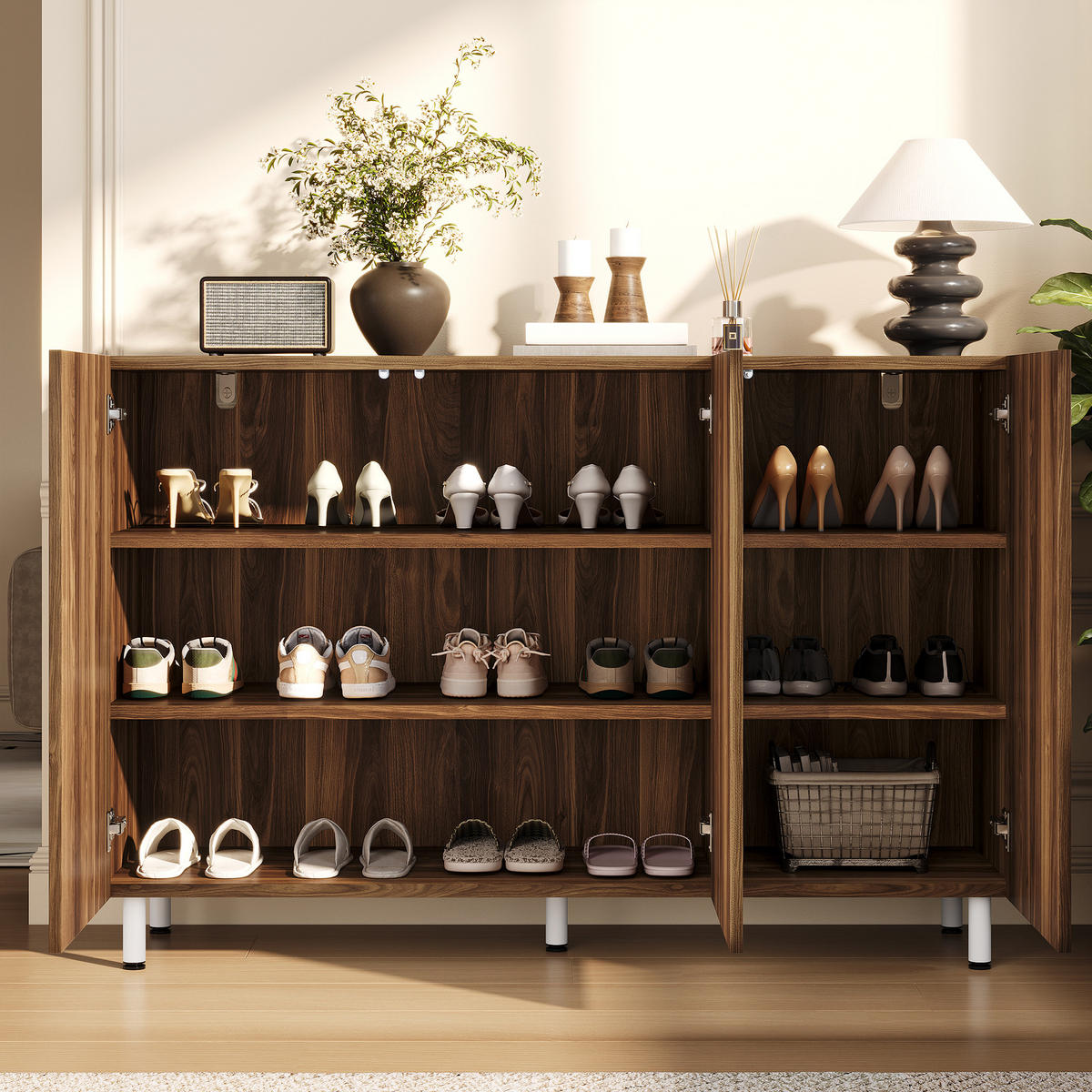 SCHUHSCHRANK 2-in-1 mit 3 Türen und verstellbaren Böden - Walnussfarben, Holzwerkstoff (120/80/37cm) - FLIEKS