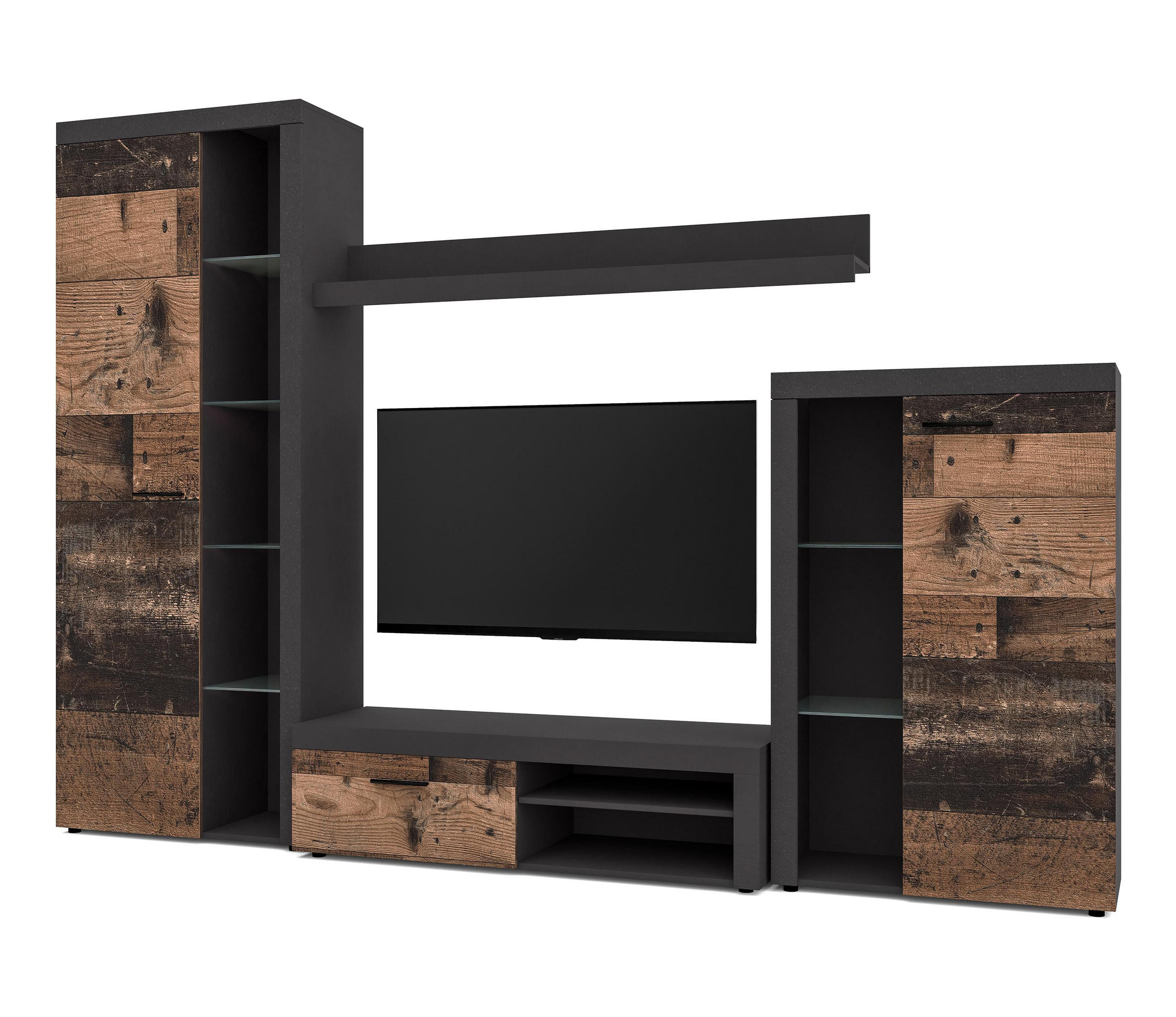 WOHNWAND Spacoro Grau, Matera Oldwood 270/190/41 cm Wohnwand Modern ohne LED - Dunkelgrau/Bronzefarben, Holzwerkstoff/Kunststoff (270/190/41cm) - AX Living