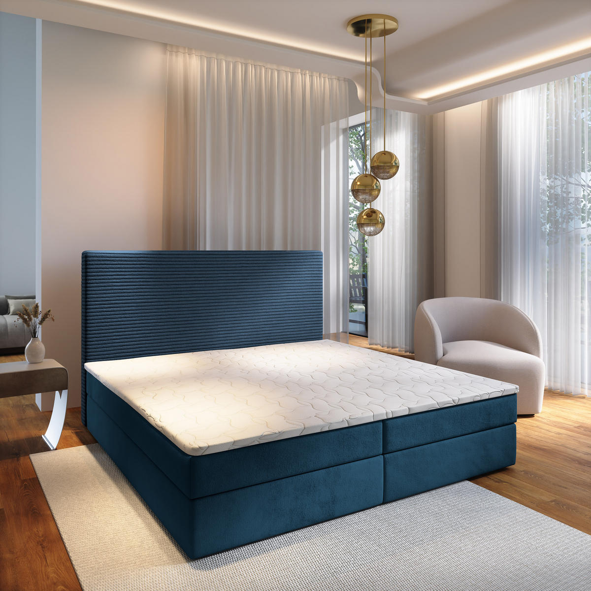 BOXBETT GIARRO 180x200 cm mit Matratze und Topper - Blau - Blau, Holz (180/200cm) - MASSENO