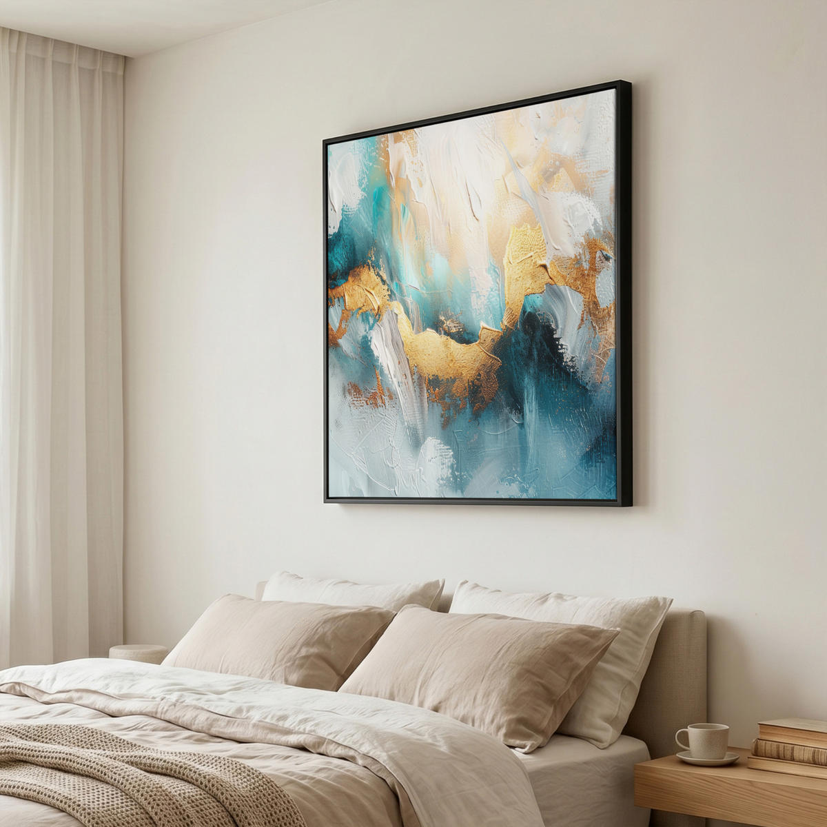 LEINWAND Bilder mit Rahmen - Abstrakt - Kunst - Gold - Blau - 90x90 - Petrol, Textil (90/90cm) - MuchoWow