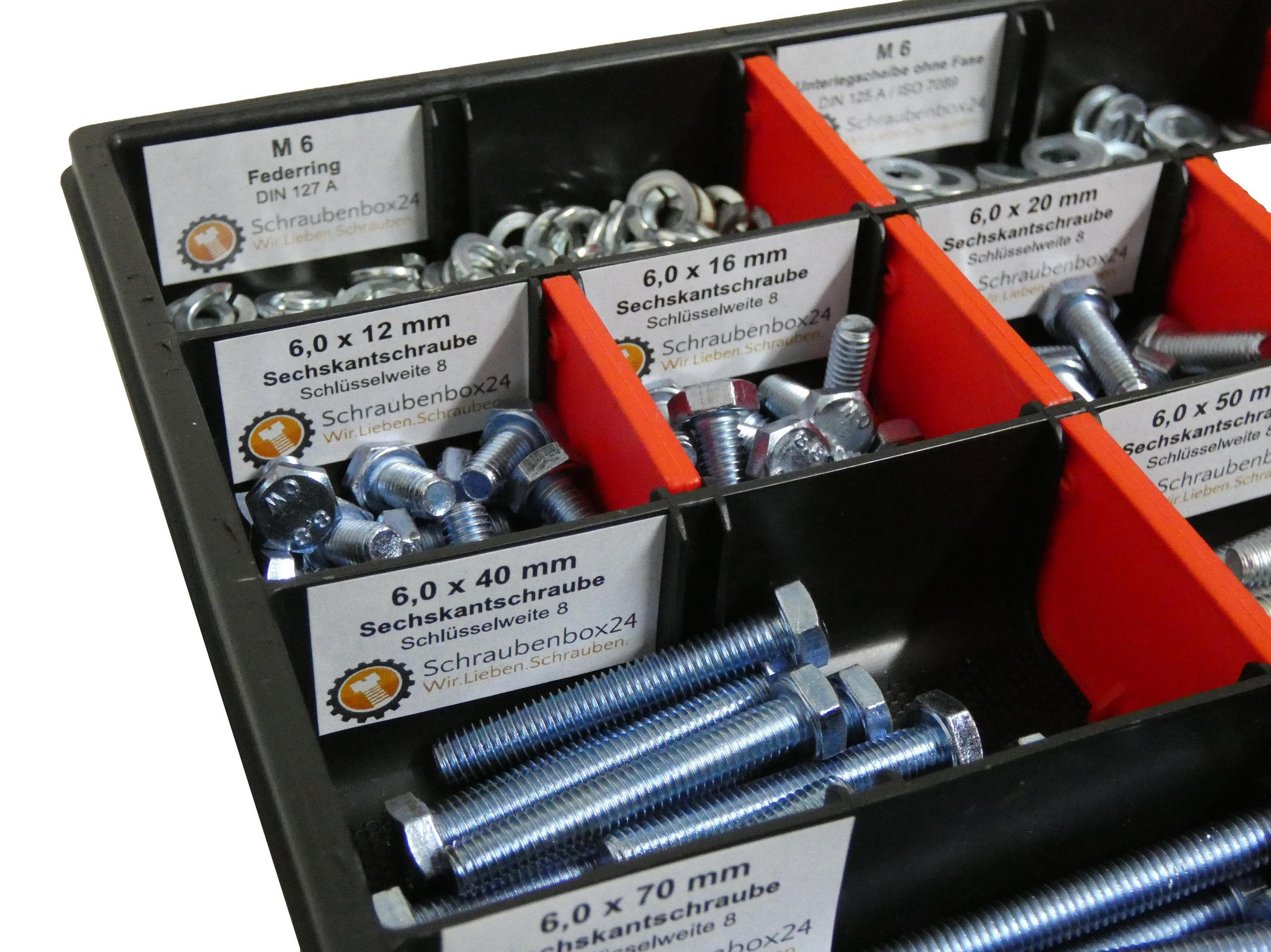 SCHRAUBENSET mit Sechskantschrauben, Muttern, Unterlegscheiben und Federringen M5 // 12mm-80mm 700 tlg - Zinkfarben, Metall (3.5cm) - Schraubenbox24