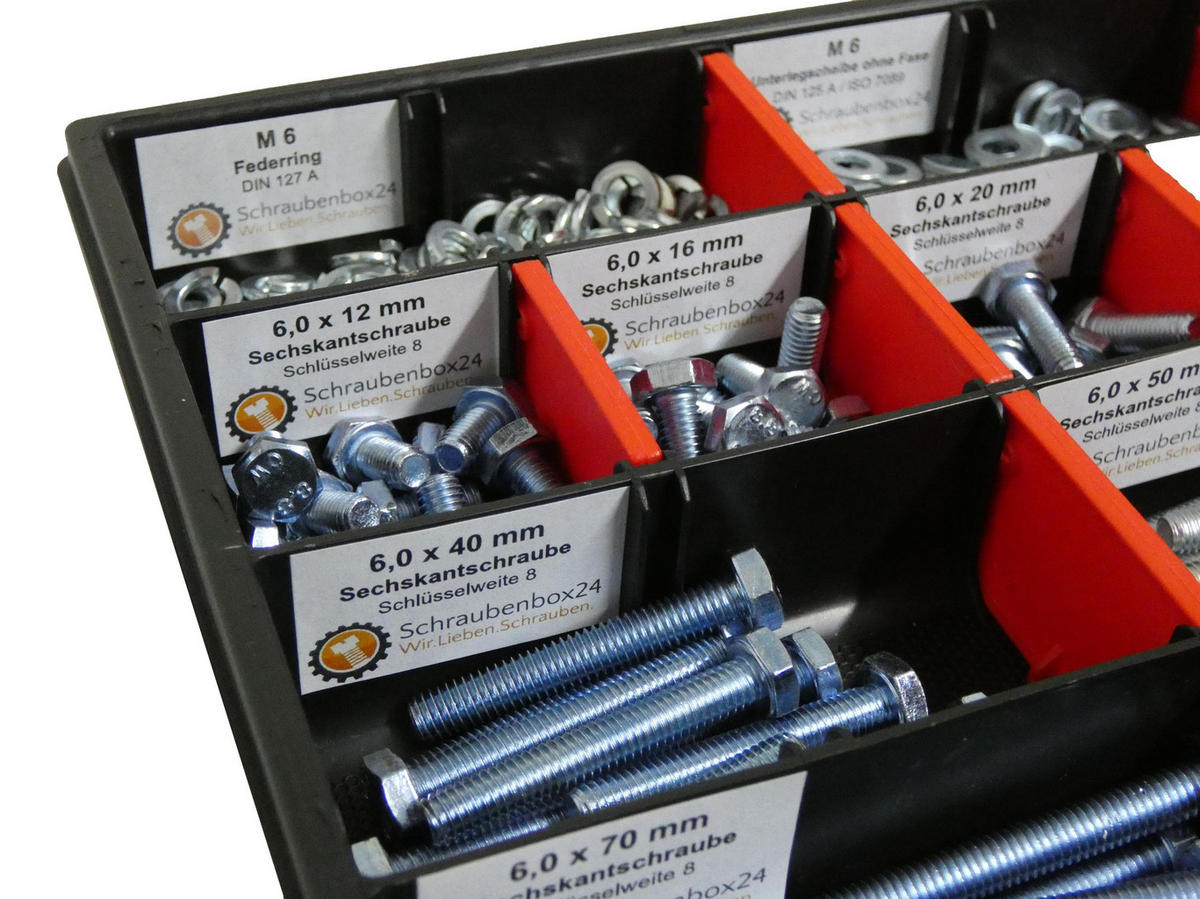 SCHRAUBENSET mit Sechskantschrauben, Muttern, Unterlegscheiben und Federringen M5 // 12mm-80mm 700 tlg - Zinkfarben, Metall (3.5cm) - Schraubenbox24
