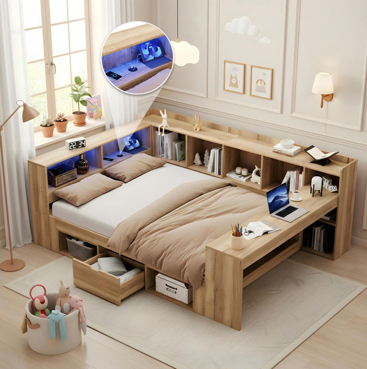 KINDERBETT 140/200 cm in Natur mit LED-Beleuchtung, Stauraum und Schreibtisch - Naturfarben, Holzwerkstoff (140/200cm) - Flora Grace