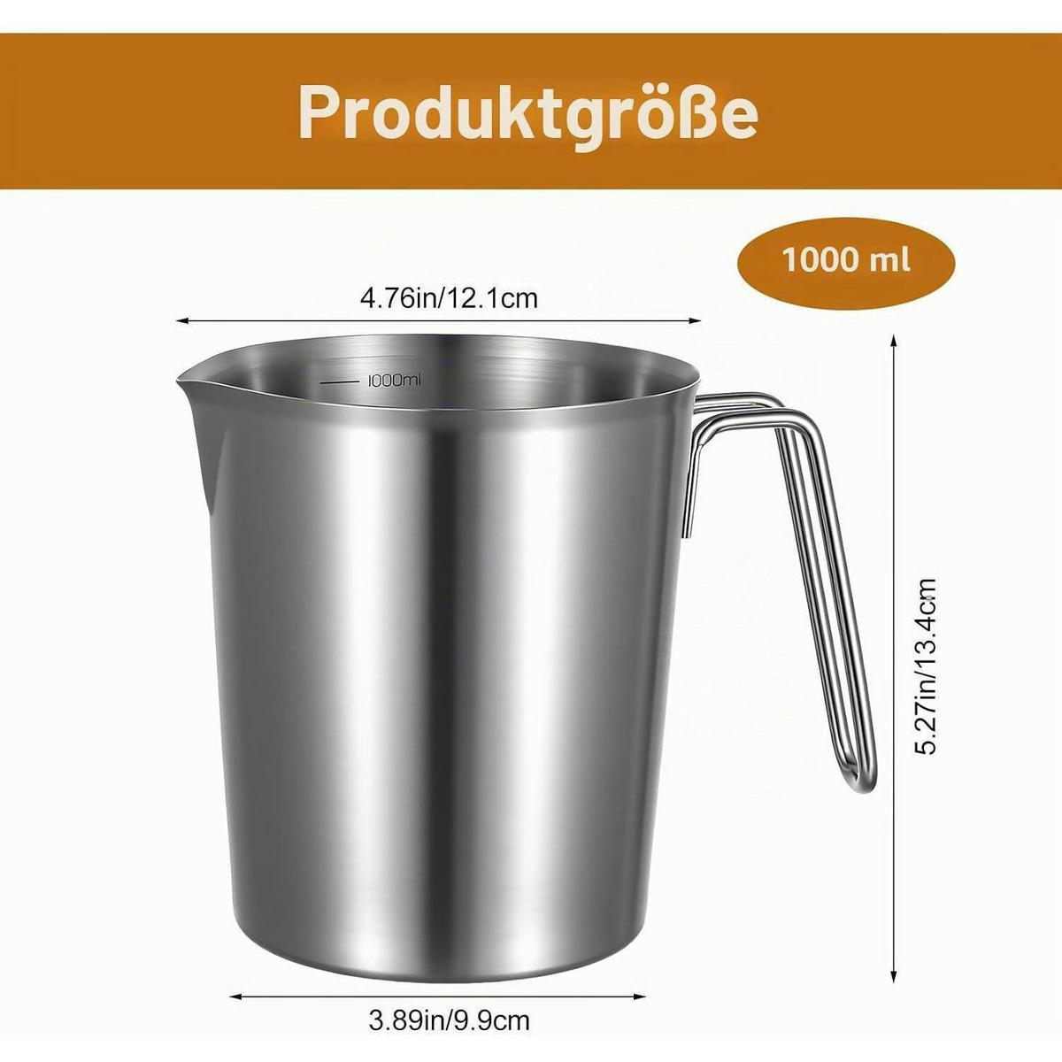 MESSBECHER Edelstahl 1 Liter mit Messskalen und Ausgießer - Silberfarben, Metall (1L)