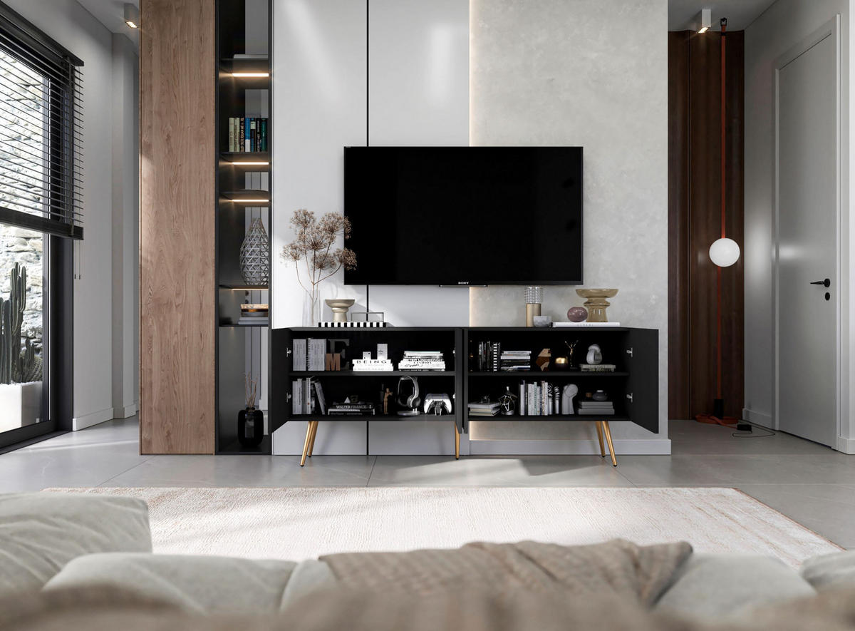 TV-SCHRANK Elpis Schwarz Matt mit goldenen Metallbeine Glamour 150 cm - Goldfarben/Schwarz, Holzwerkstoff/Metall (150/60.5/36.5cm) - Meble Lindner