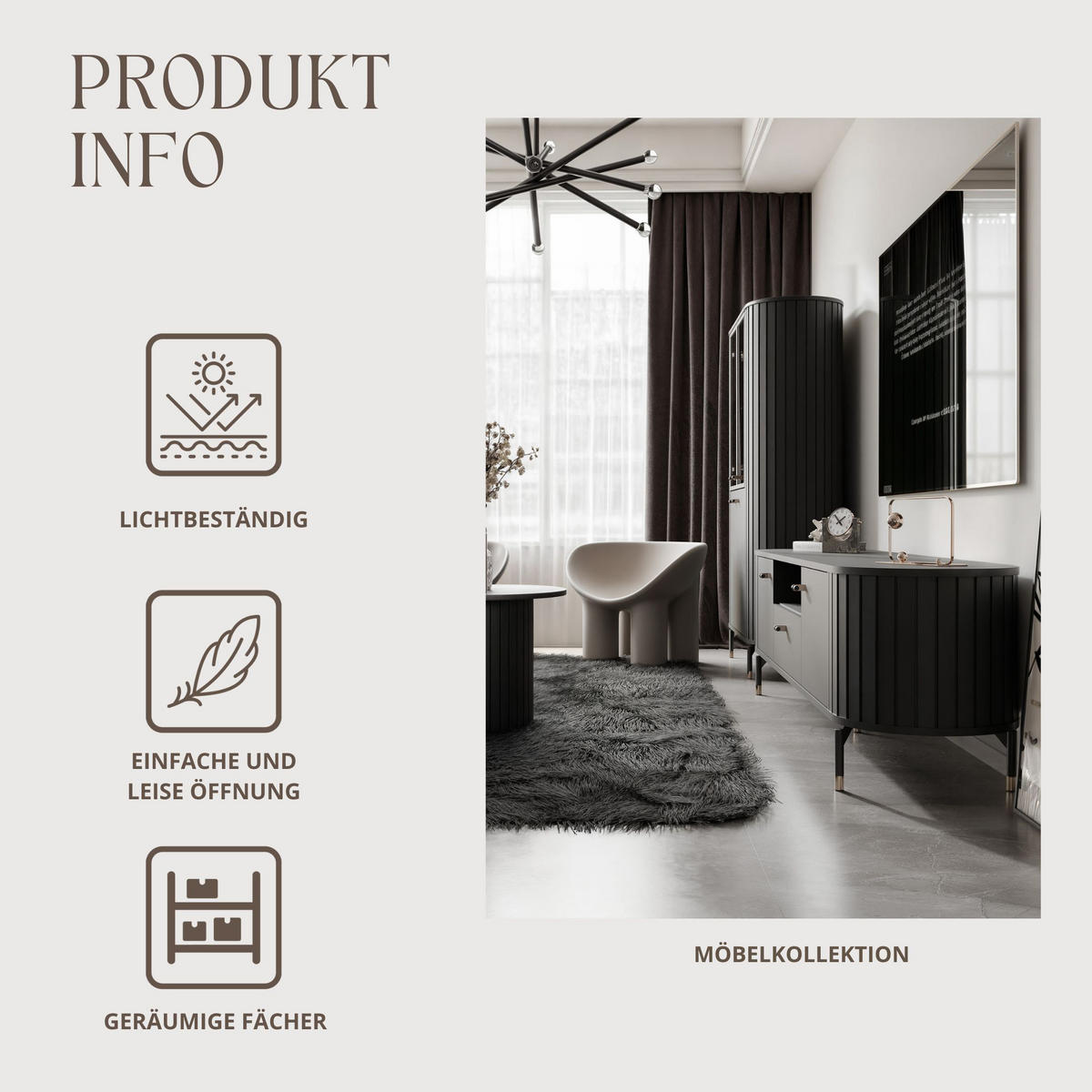 TV-LOWBOARD geriffelt, mit Schublade, Schwarz - Schwarz, Holzwerkstoff (180/49/40cm) - Idohome