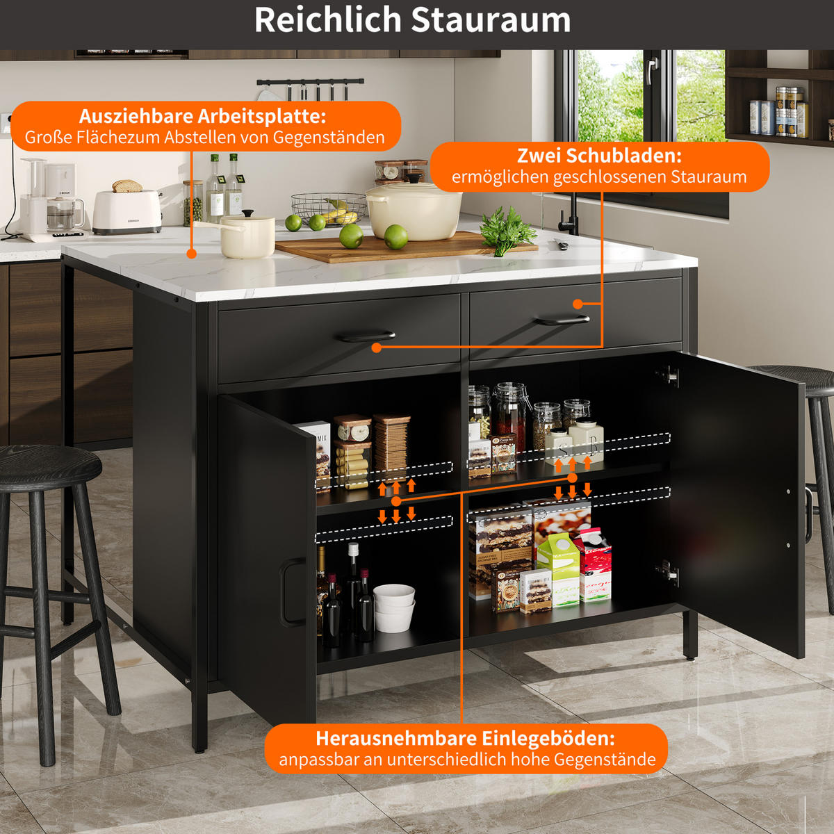 STEHTISCH 100x90x90cm Schwarz Marmoroptik mit 2 Schubladen & Eisenbeinen - Schwarz, Holzwerkstoff (100/90/90cm) - Modfu