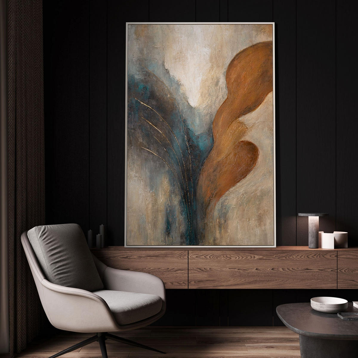 GEMÄLDE Wind und Gold Schattenfugenrahmen Beige 140x100 cm - Beige, Holz (140/100cm) - YS-art gallery