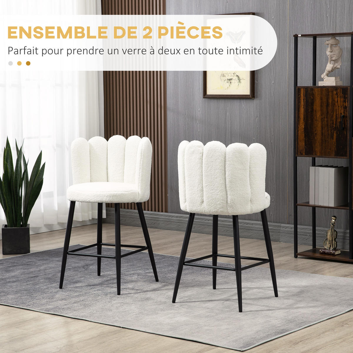 BARHOCKER 2er-Set DE-14722 mit Boucle-Bezug & Fußstütze Creme/Schwarz - Weiß, Metall (50/93/52cm) - ComfortXL