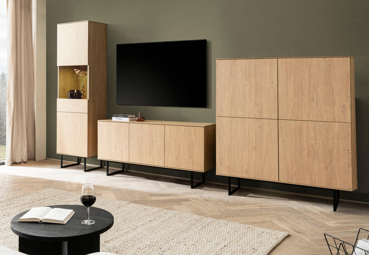 WOHNWAND Stone Eiche 3-teilig 353 cm, Wohnkombination mit Push-to-Open - Eichefarben/Schwarz, Holzwerkstoff/Metall (353/200/40cm) - Furn.Design