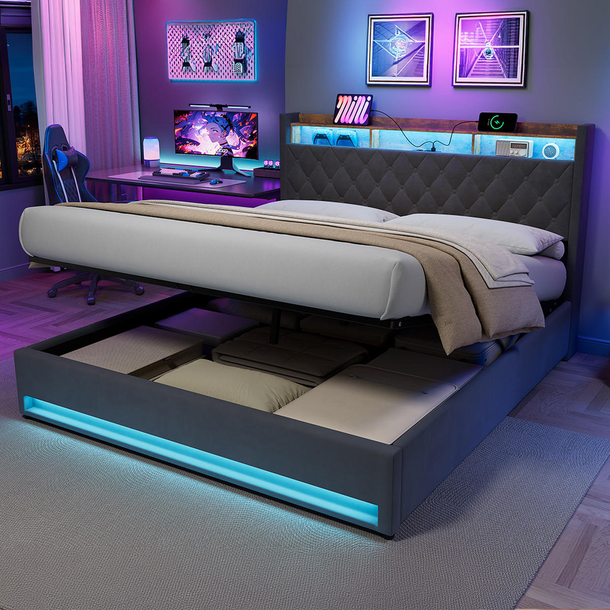 ČALOUNĚNÁ POSTEL 180/200 cm s úložným prostorem a zásuvkou, boxspringová postel s USB a LED osvětlením - šedá, kov/kompozitní dřevo (180/200cm) - STILVORA