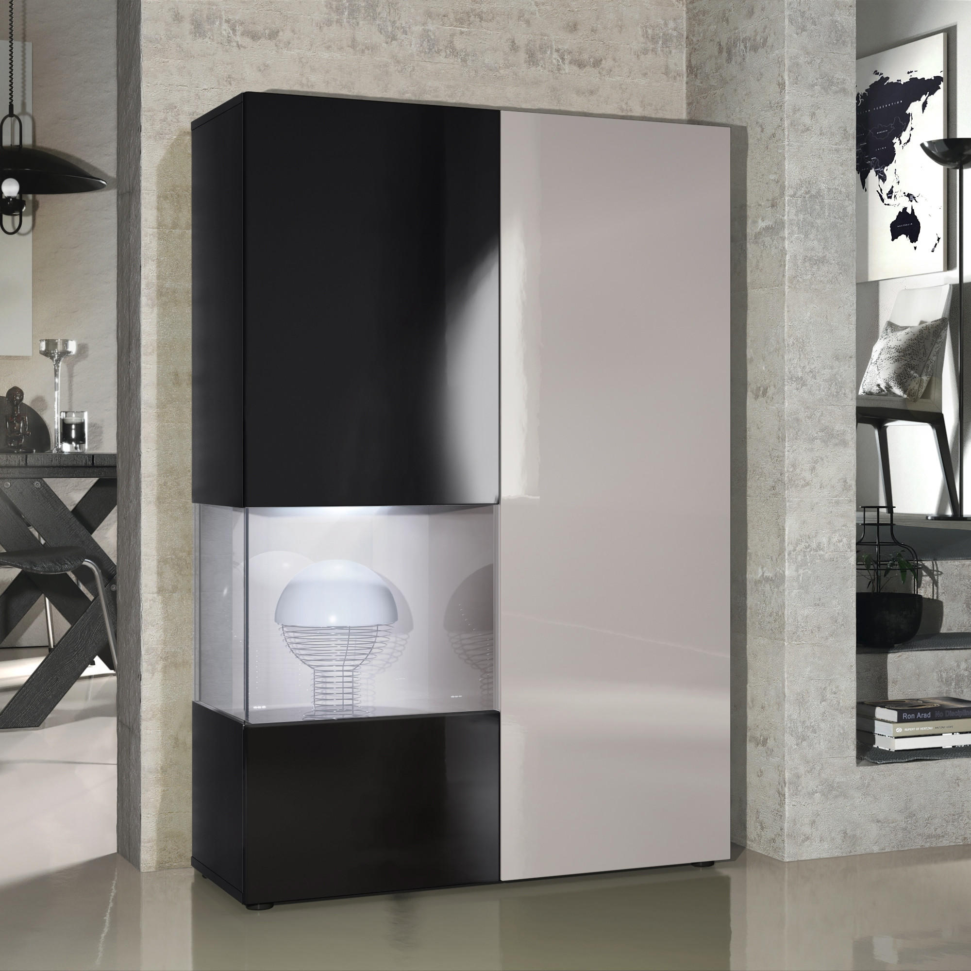 VITRINE Morena Tür und Einsatz in Sandgrau Hochglanz - Sandfarben, Holzwerkstoff (91.5/136.5/37cm) - Vladon