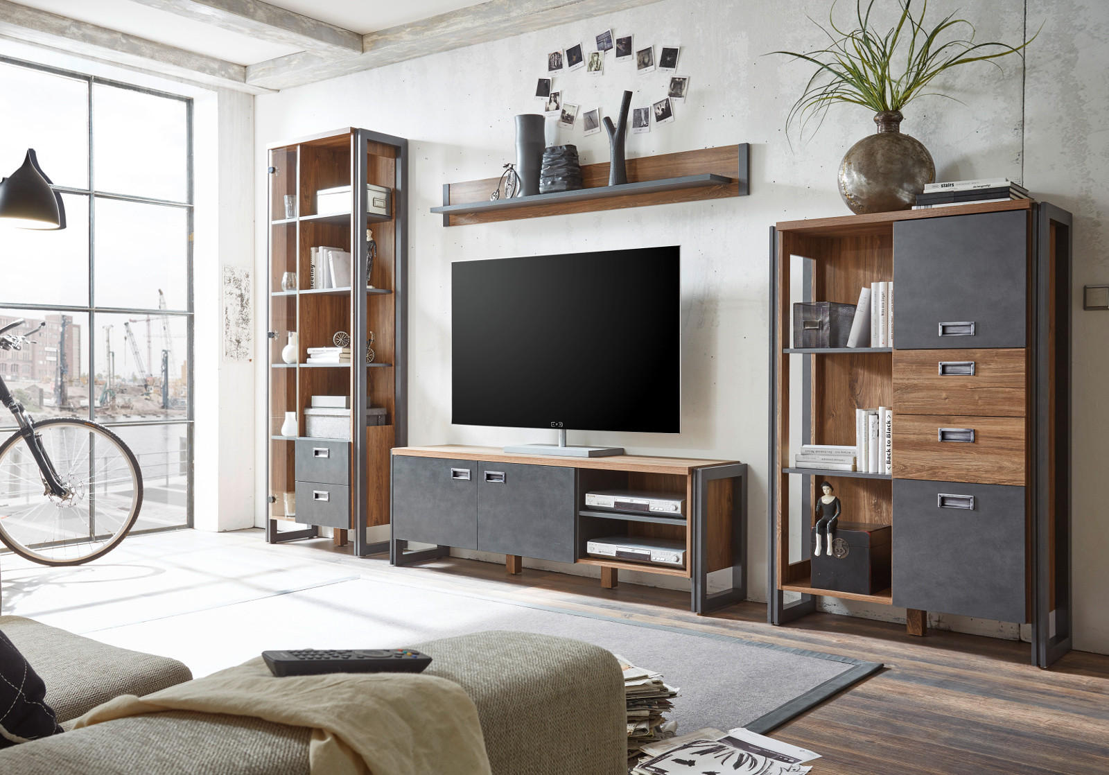 WOHNWAND Eiche Stirling, Matera grau, Schrankwand 4-teilig 336 x 202 cm - Eichefarben/Silberfarben, Holzwerkstoff/Metall (340/202/39cm) - Furn.Design