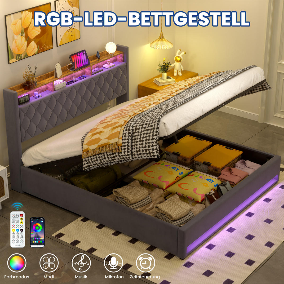 POLSTERBETT aus Samt 180x200 cm Grau mit Stauraum-Kopfteil und LED-Lichtleiste - Grau, Textil (180/200cm) - Modfu