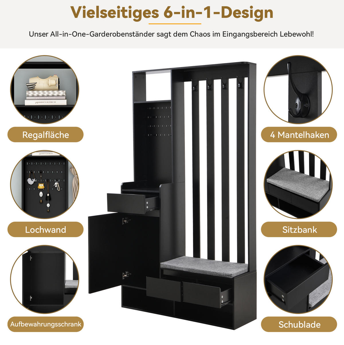 FLURGARDEROBE 35/100/180 cm mit Sitzbank, Stecktafel, Schublade und 4 Haken aus MDF, Schwarz - Schwarz, Holzwerkstoff (100/180/35cm) - Redom