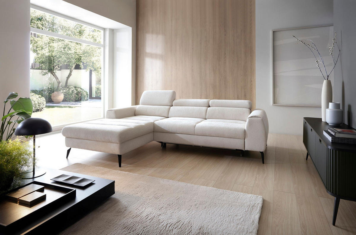 ECKSOFA NOTE Creme Chenille mit Schlaffunktion - Creme, Holz (270/184cm) - MASSENO