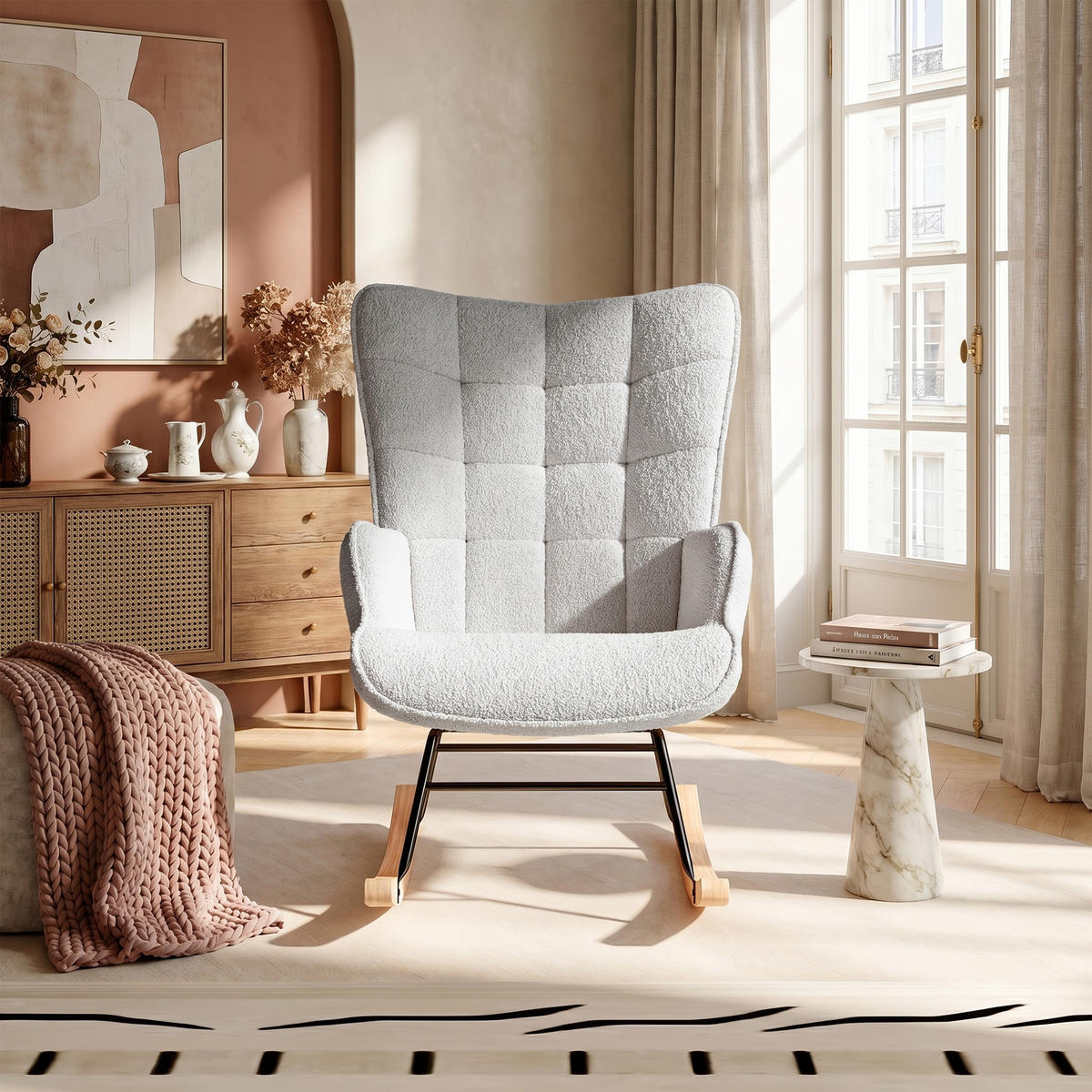 SCHAUKELSTUHL, Entspannend, Teddy-Velours, Belastbarkeit 120 kg, Grau - Grau/Kieferfarben, Holz/Textil (68/92/75cm) - GENKI LIVING