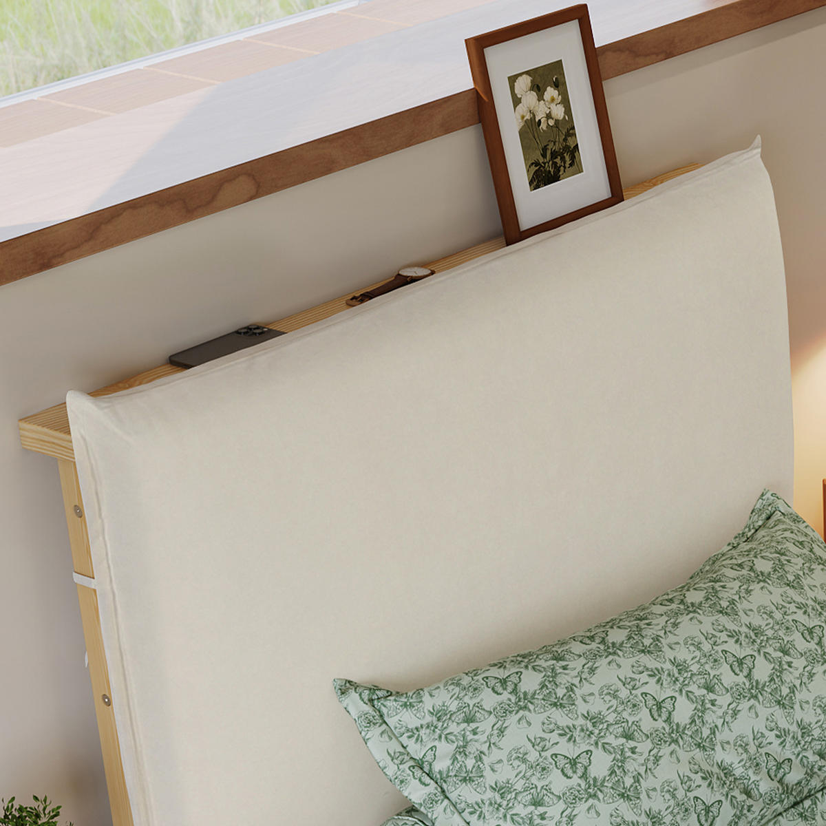 POLSTERBETT 90/200 cm natur aus Holz mit gepolsterter Rückenlehne - Naturfarben, Textil (90/200cm) - OKWISH