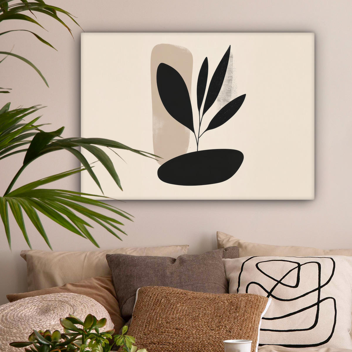 LEINWANDBILD Pflanze - Beige - Japanisch Wandbilder 80x60 cm - Schwarz, Textil (80/60cm) - MuchoWow