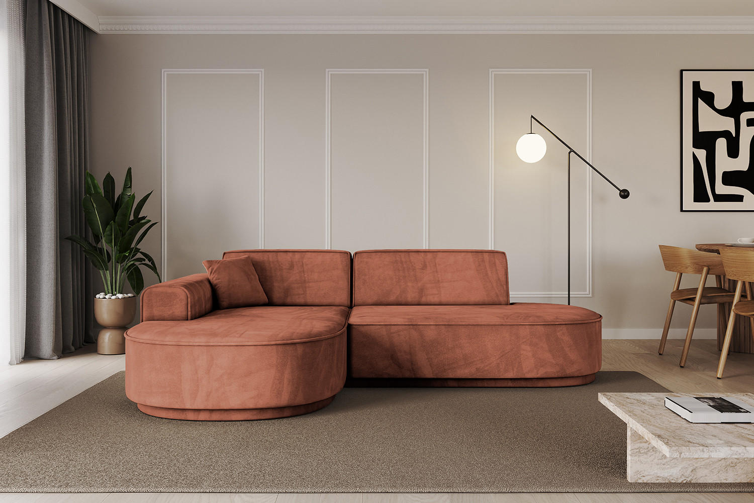 ECKSOFA Ottomane Links MARI-L1-v3 - 232x163x81 cm Koralle Velours - Koralle/Schwarz, Holzwerkstoff/Kunststoff (232/163cm) - ALTDECOR